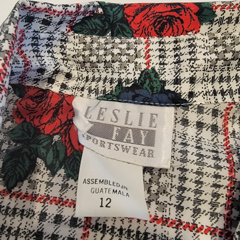 Vintage Leslie Fay Sportswear Floral Gingham Puff Sleeve Tie Button Up Top NWT! - Picture 5 of 16